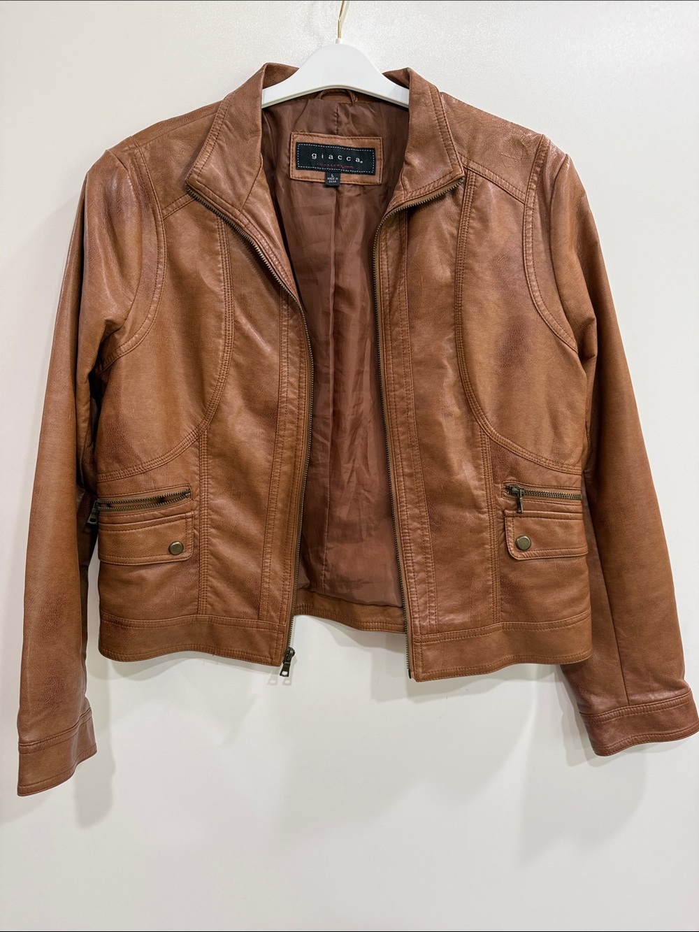 giacca Cognac Brown Women's Leather Zip Jacket